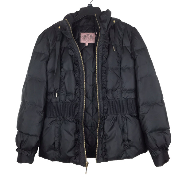 Juicy Couture Puffer Coat Jacket Feather Down Hooded Pockets Black Size Large - Picture 2 of 13